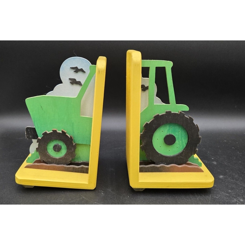 Handmade Wooden Tractor Bookends Green Yellow Farm Nursery Decor Kids Room 7in